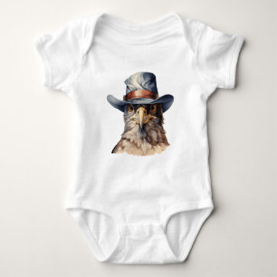 Funny pigeon wearing a cowboy hat, watercolor baby bodysuit