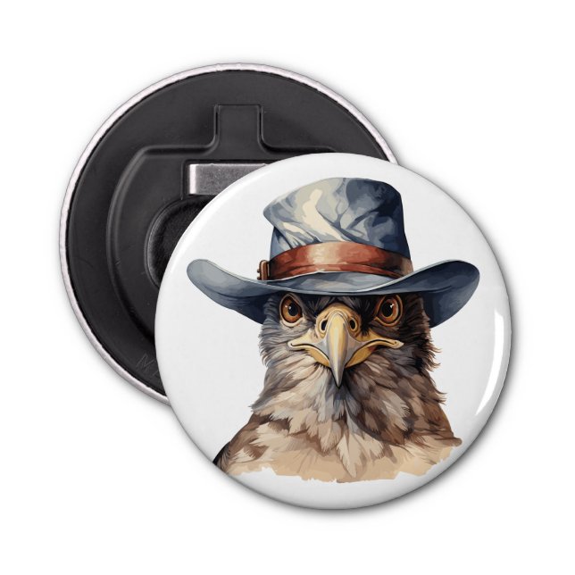 Funny pigeon wearing a cowboy hat, watercolor bottle opener (Front)
