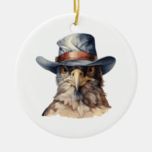 Funny pigeon wearing a cowboy hat, watercolor ceramic tree decoration