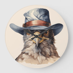 Funny pigeon wearing a cowboy hat, watercolor large clock