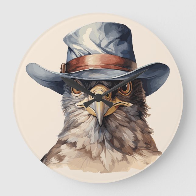 Funny pigeon wearing a cowboy hat, watercolor large clock (Front)