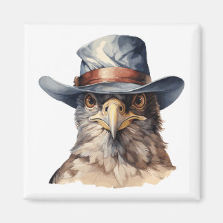 Funny pigeon wearing a cowboy hat, watercolor magnet