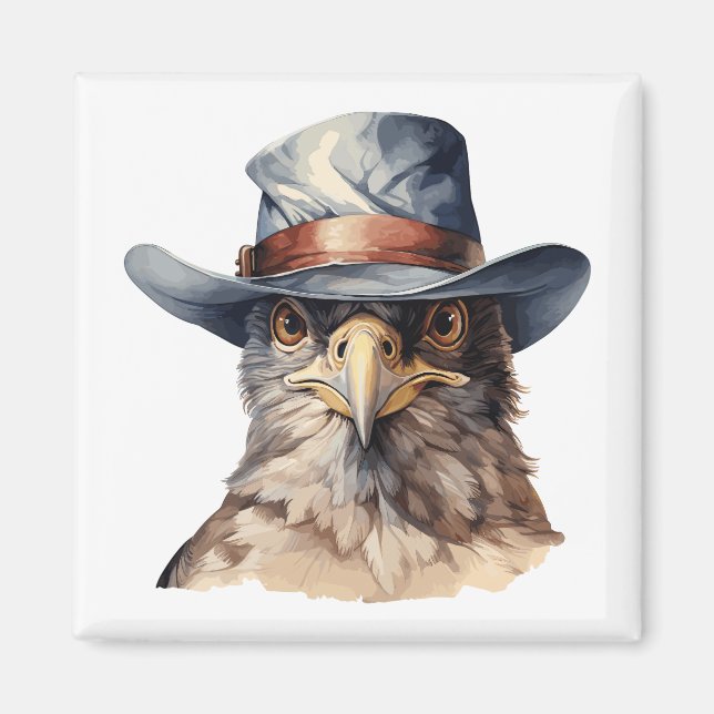 Funny pigeon wearing a cowboy hat, watercolor magnet (Front)