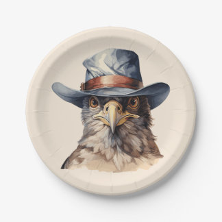 Funny pigeon wearing a cowboy hat, watercolor paper plate