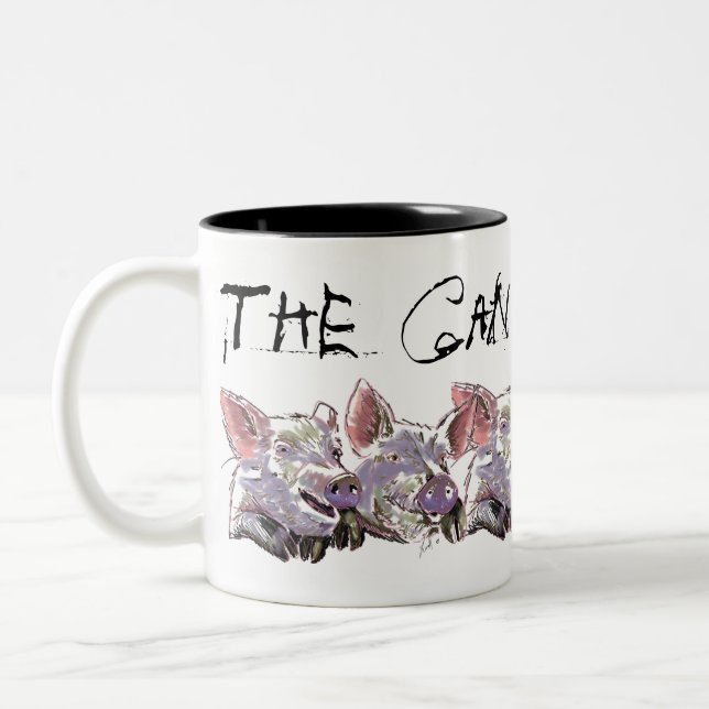 Funny Pigs ink and colour drawing|the gang says Hi Two-Tone Coffee Mug (Left)