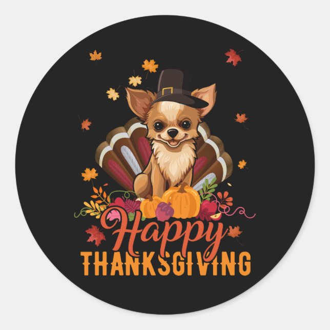 Funny Pilgrim Chihuahua Dog Turkey Happy Thanksgiv Classic Round Sticker (Front)