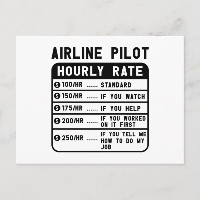 Funny Pilot Hourly Rate Aviation Postcard (Front)