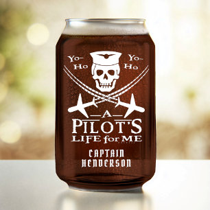 Funny Pilot Skull Aeroplane Pirate Humour White Na Can Glass