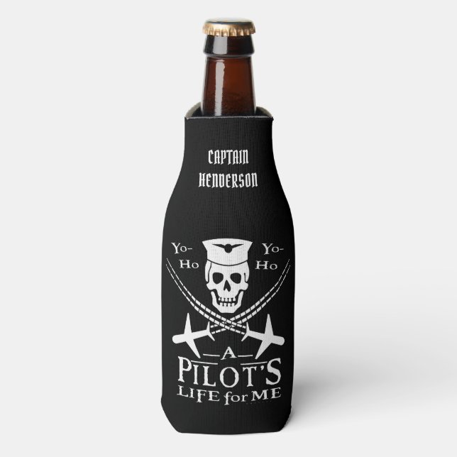 Funny Pilot Skull Aeroplanes Pirate Humour | Custo Bottle Cooler (Bottle Front)
