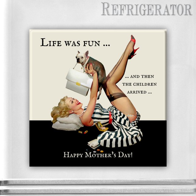 Funny Pin-Up Mother's Day Vintage Magnet (Funny magnet featuring a vintage illustration of a pin up girl with her cute dog - Mother's Day)