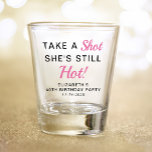 Funny Pink 40th Birthday Party Favour Shot Glass<br><div class="desc">Funny pink and black "Take a Shot She's Still Hot" 40th birthday party favour shot glass. Personalise with her name,  age and the party date.</div>