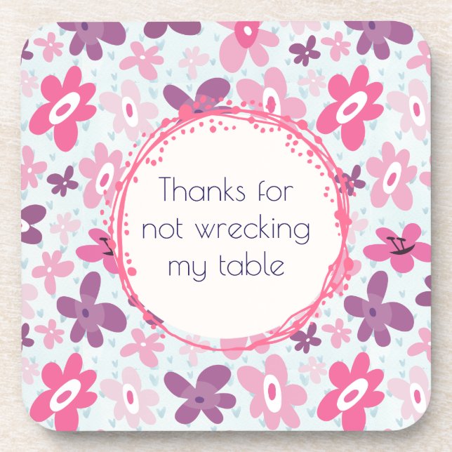 Funny Pink and Purple Retro Flower Pattern Coaster (Front)