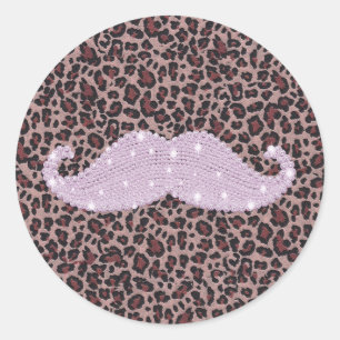 Funny Pink Bling Moustache And Animal Print Classic Round Sticker