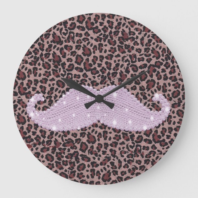 Funny Pink Bling Moustache And Animal Print Large Clock (Front)
