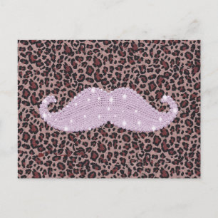 Funny Pink Bling Moustache And Animal Print Patter Postcard