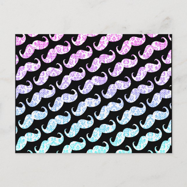 Funny Pink Blue Floral Damask Moustache Pattern Postcard (Front)