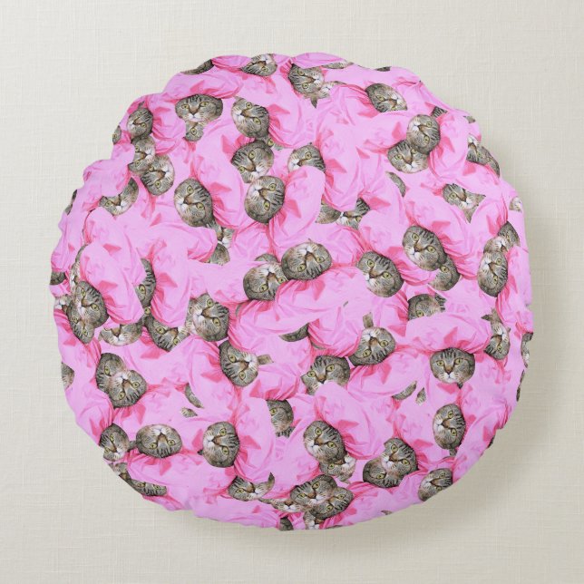 Funny Pink Cat Pattern Round Cushion (Front)