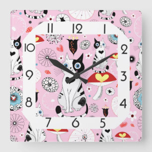 Funny pink cat square wall clock