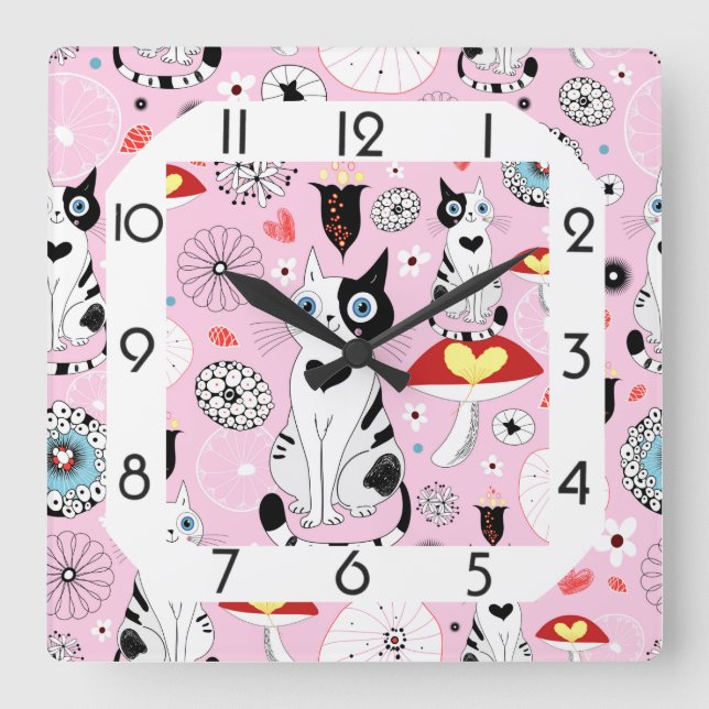 Funny pink cat square wall clock (Front)