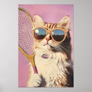 Funny Pink Cat Tennis Art Print - Cute Wall for