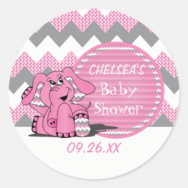 Funny Pink Chevron Silly Elephant Classic Round Sticker (Front)