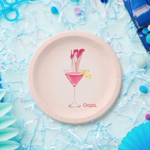 Funny Pink Cocktail Woman in Heels Paper Plate