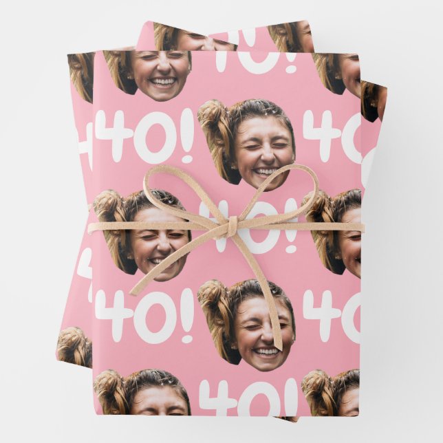 Funny Pink Custom Face Photo Birthday Age Wrapping Paper Sheet (In situ)