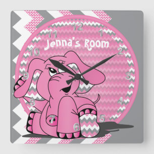 Funny Pink Elephant on Chevron Background Square Wall Clock