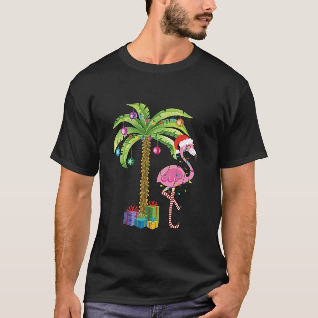 Funny Pink Flamingo Christmas Palm Tree Tropical g T-Shirt (Front)