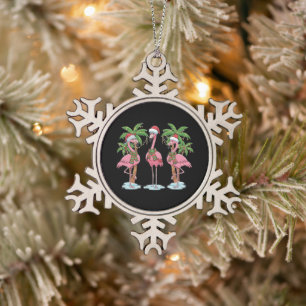 Funny Pink Flamingo "Dreaming of a Pink Christmas Snowflake Pewter Christmas Ornament