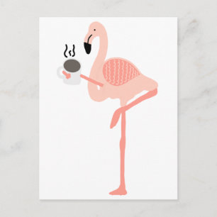 Funny Pink Flamingo Drinking Coffee Postcard