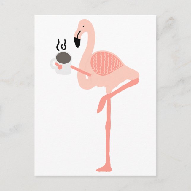 Funny Pink Flamingo Drinking Coffee Postcard (Front)