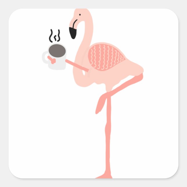 Funny Pink Flamingo Drinking Coffee Square Sticker (Front)