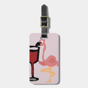 Funny Pink Flamingo Drinking Red Wine Luggage Tag