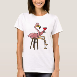 Funny Pink Flamingo Drinking Red Wine T-Shirt