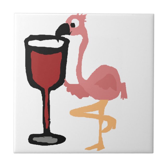 Funny Pink Flamingo Drinking Red Wine Tile (Front)