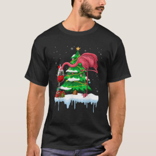 Funny Pink Flamingo Drinking Wine Christmas Tree L T-Shirt