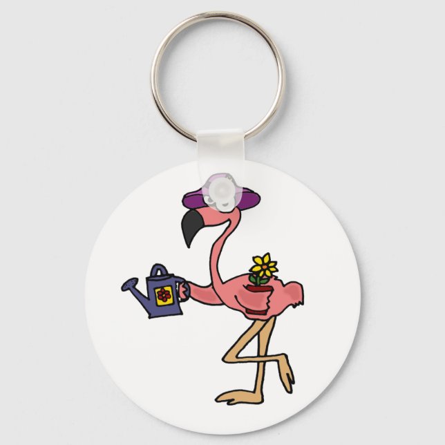 Funny Pink Flamingo Gardening Design Key Ring (Front)