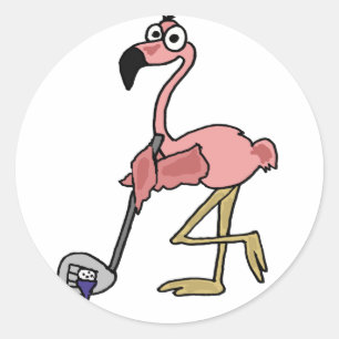 Funny Pink Flamingo Golfing Art Classic Round Sticker