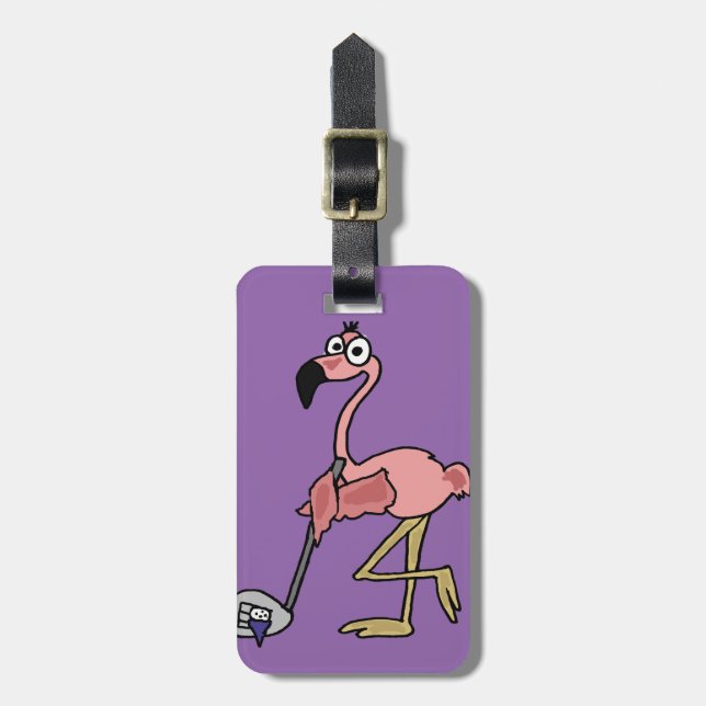 Funny Pink Flamingo Golfing Art Luggage Tag (Front Vertical)