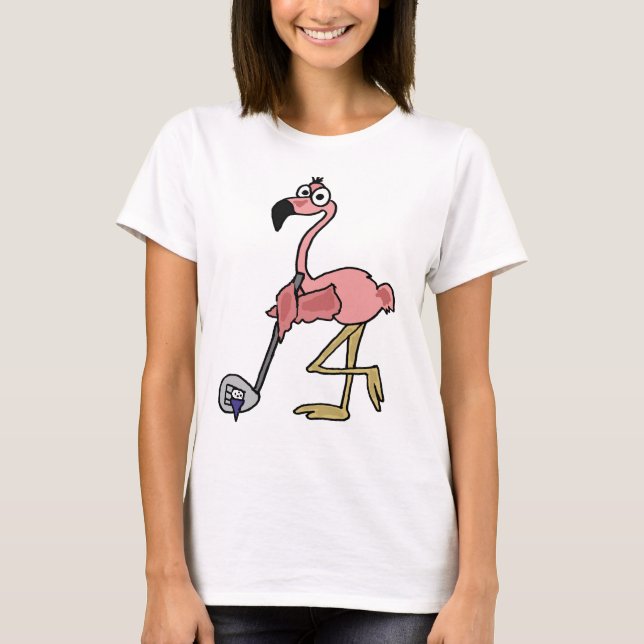 Funny Pink Flamingo Golfing Art T-Shirt (Front)
