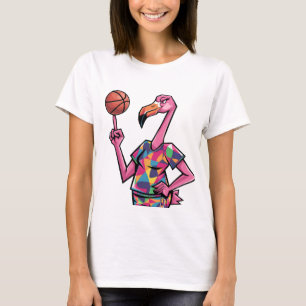Funny Pink Flamingo Playing Basketball T-Shirt