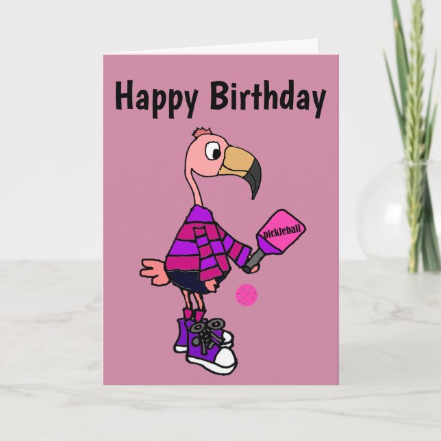 Funny Pink Flamingo Playing Pickleball Cartoon Card (Front)