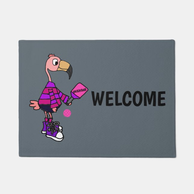 Funny Pink Flamingo Playing Pickleball Cartoon Doormat (Front)