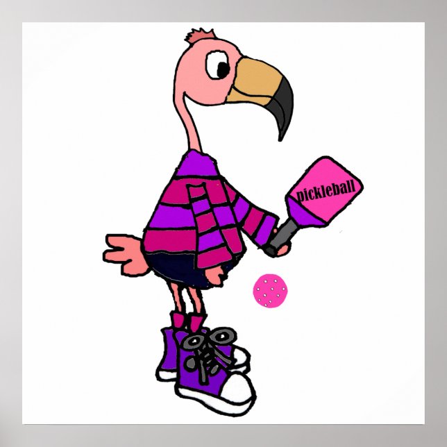 Funny Pink Flamingo Playing Pickleball Cartoon Poster (Front)