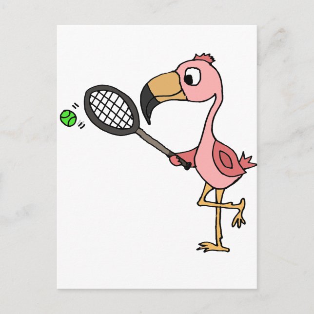 Funny Pink Flamingo Playing Tennis Postcard (Front)