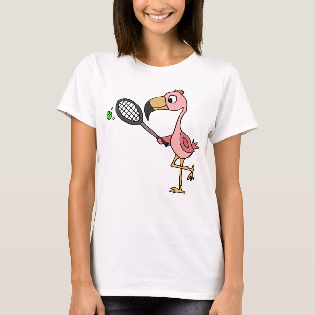 Funny Pink Flamingo Playing Tennis T-Shirt (Front)