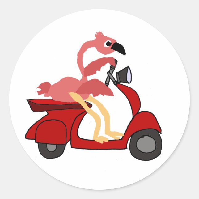 Funny Pink Flamingo Riding Motor Scooter Classic Round Sticker (Front)