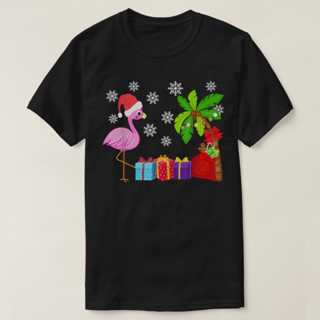 Funny Pink Flamingo Santa Hat Merry Christmas In J T-Shirt (Design Front)