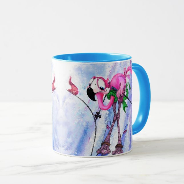 Funny Pink Flamingo Skier - Cartoon Drawing Comic  Mug (Front Right)